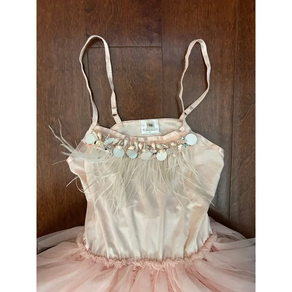 Blush Pink Tulle Ballet Costume Dress with Feather & Sequin Trim, Size 4/5